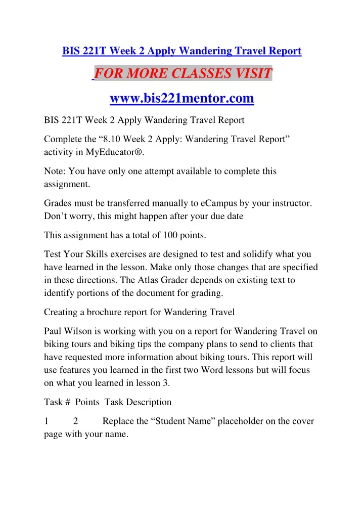 bis 221t week 2 apply wandering travel report