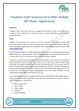 Vindaloo VoIP Announced to Offer Mobile SIP Dialer Application