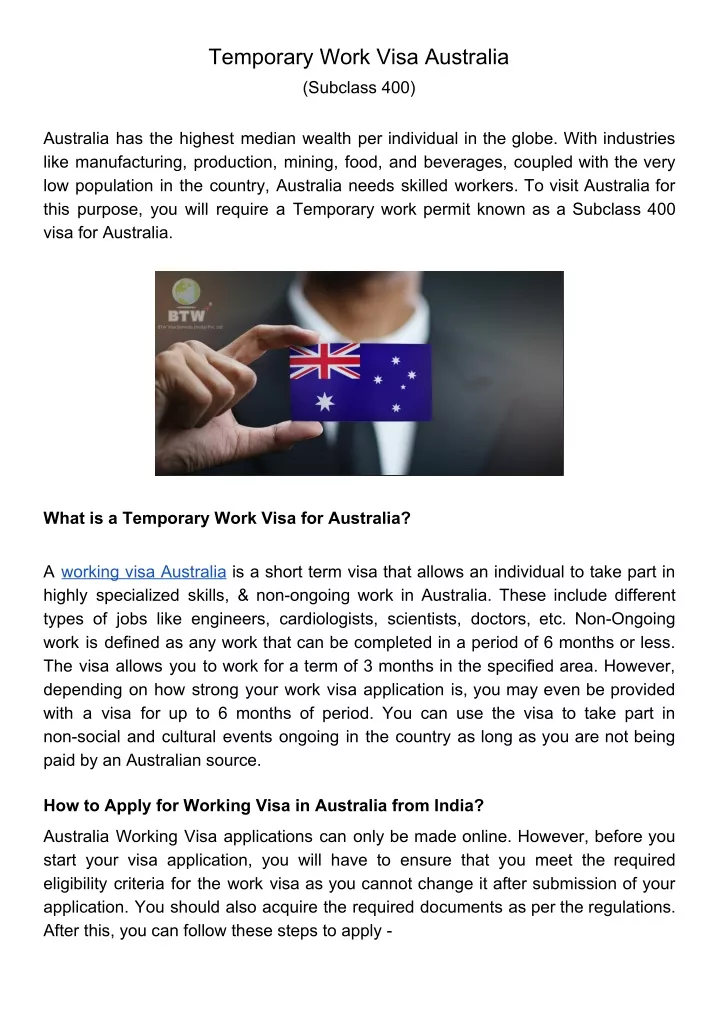 temporary work visa australia