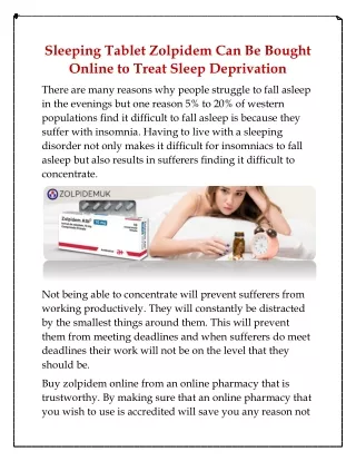 Sleeping Tablet Zolpidem Can Be Bought Online to Treat Sleep Deprivation