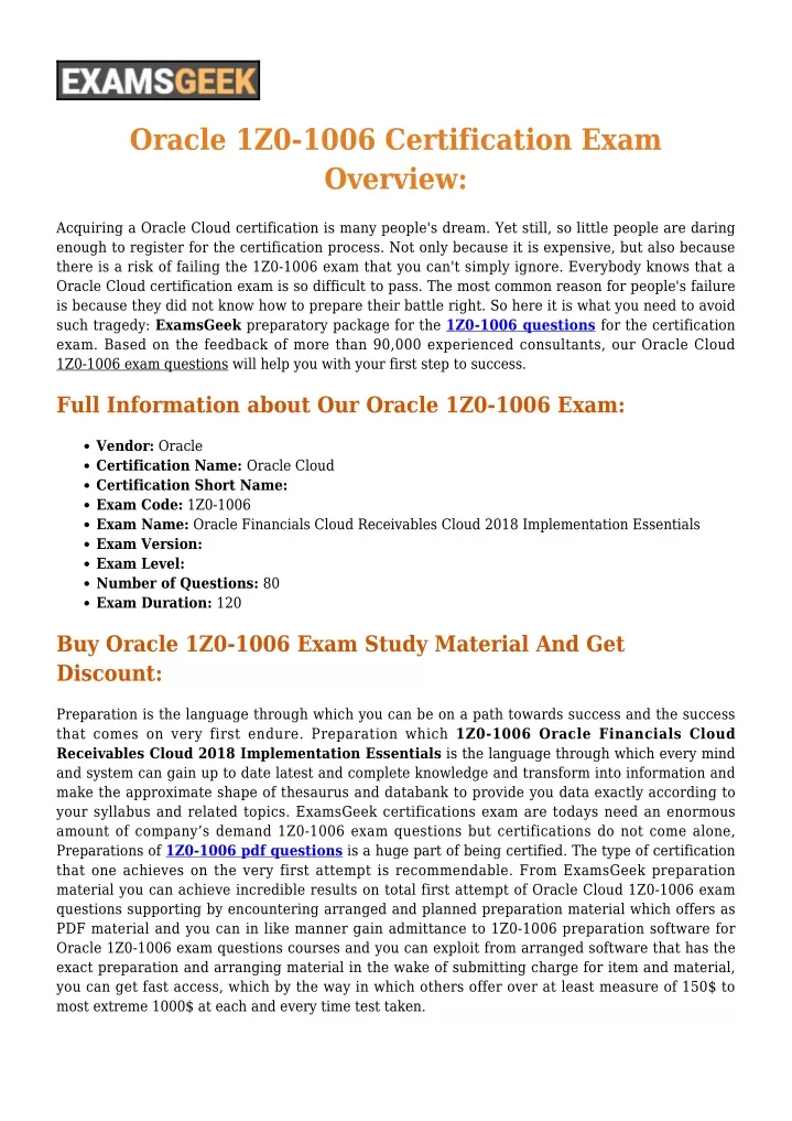 oracle 1z0 1006 certification exam overview