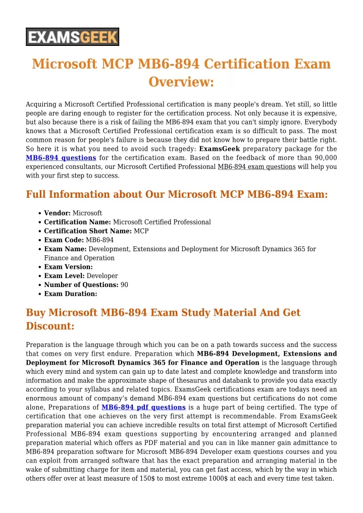 microsoft mcp mb6 894 certification exam overview