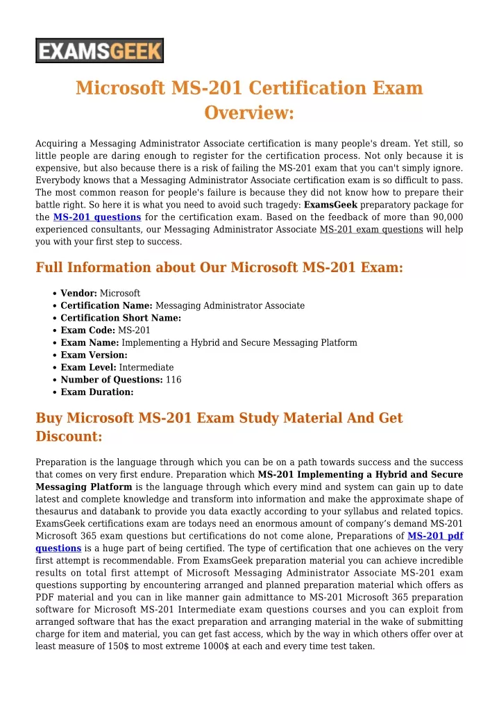 microsoft ms 201 certification exam overview