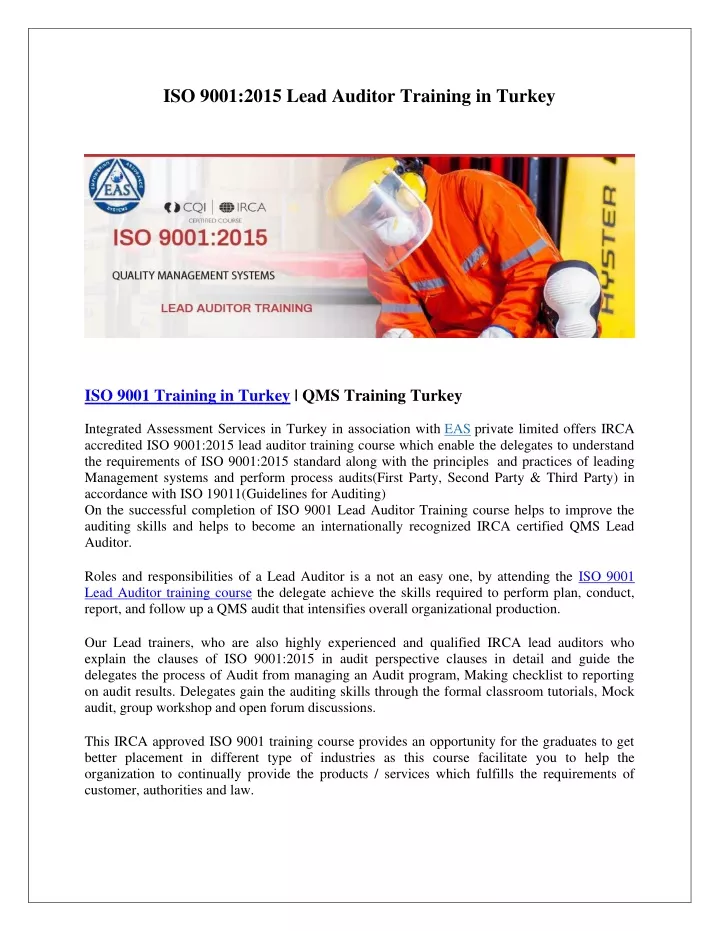 iso 9001 2015 lead auditor training in turkey