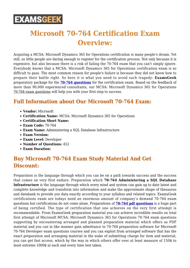 microsoft 70 764 certification exam overview
