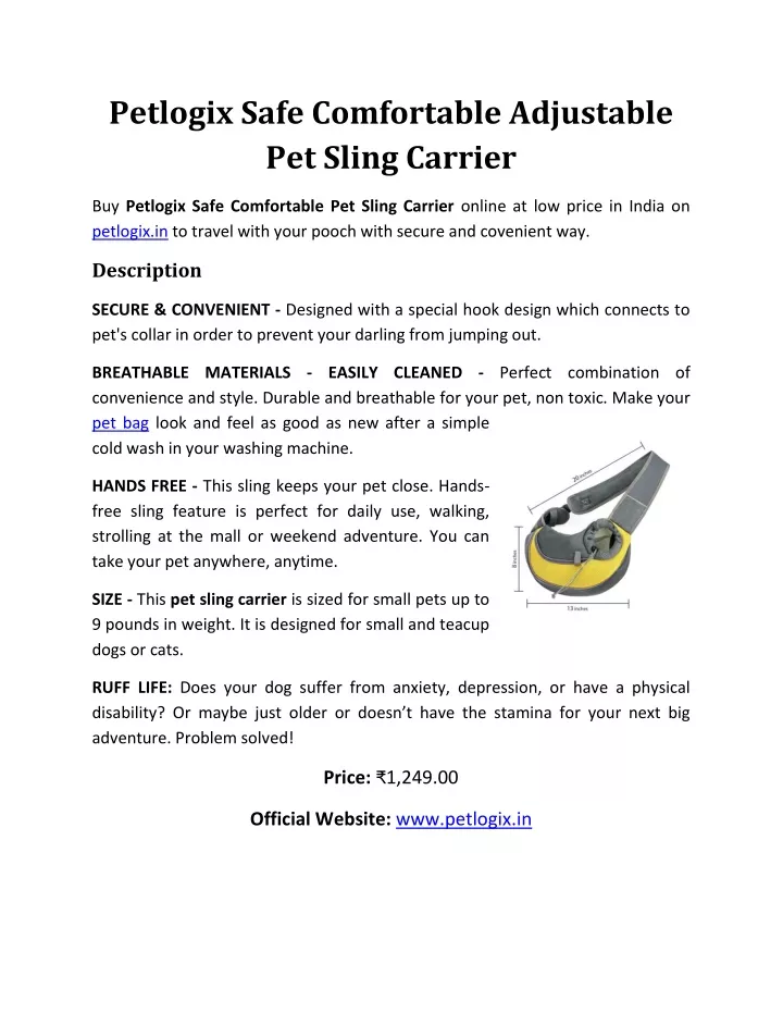 petlogix safe comfortable adjustable pet sling