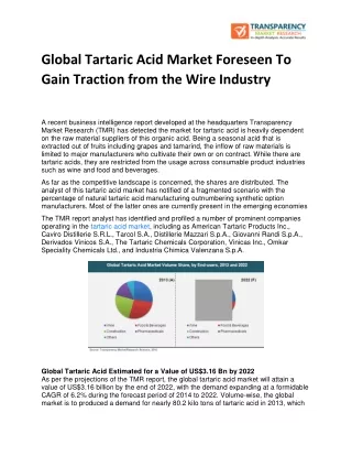 Global Tartaric Acid Market Foreseen To Gain Traction from the Wire Industry