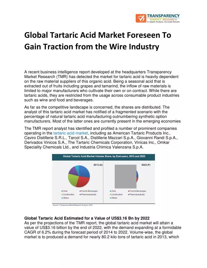 global tartaric acid market foreseen to gain