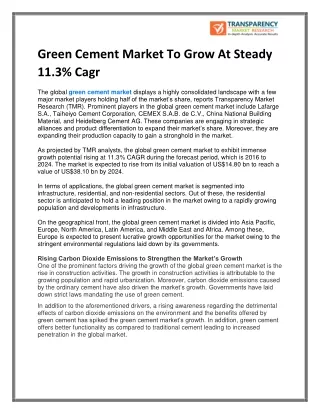 Green Cement Market To Grow At Steady 11.3% Cagr