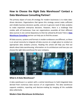 How to Choose the Right Data Warehouse? Contact a Data Warehouse Consulting Partner!