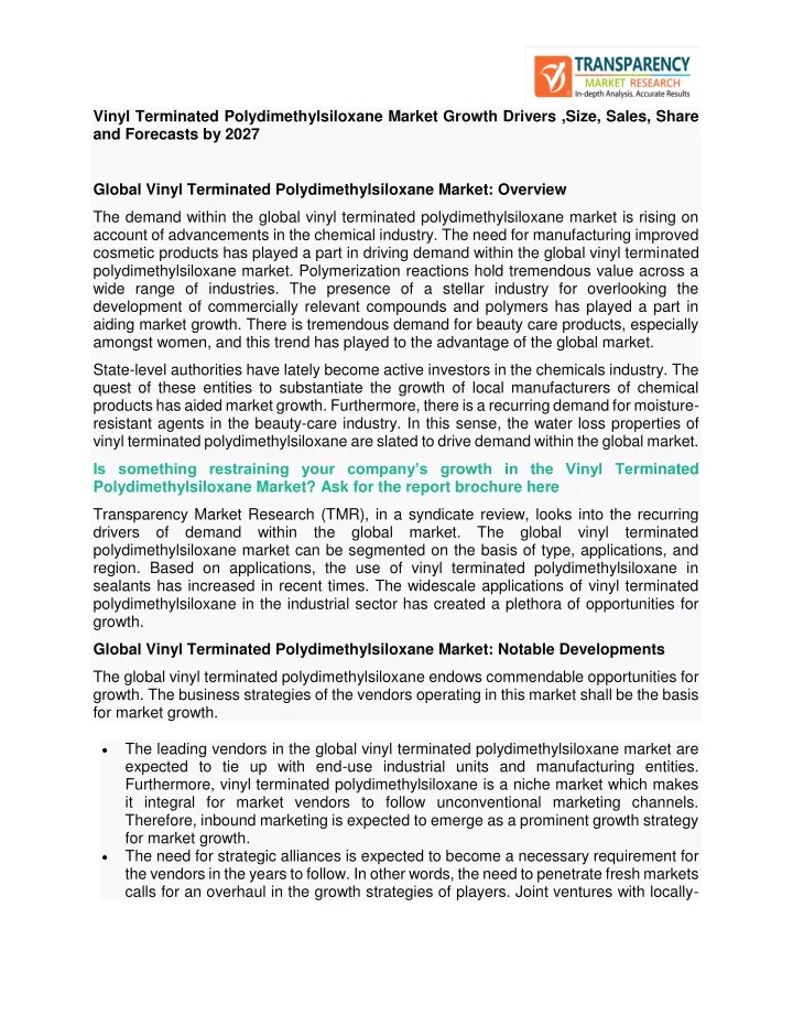 vinyl terminated polydimethylsiloxane market