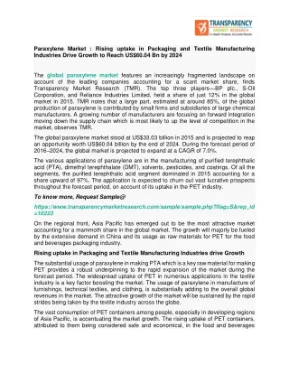 Paraxylene Market : Rising uptake in Packaging and Textile Manufacturing Industries Drive Growth to Reach US$60.04 Bn by