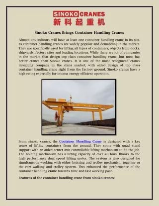 Sinoko Cranes Brings Container Handling Cranes