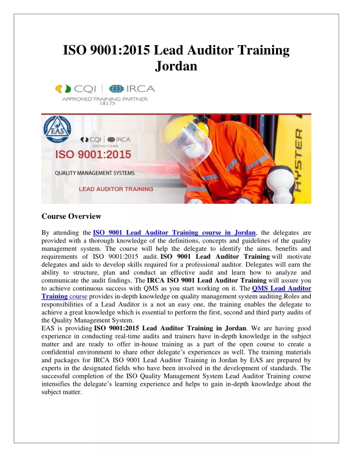 iso 9001 2015 lead auditor training jordan