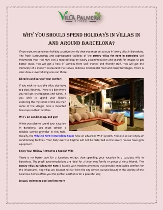 Why You Should Spend Holidays in Villas in and Around Barcelona?