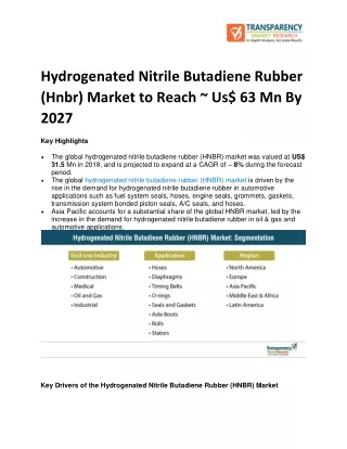Hydrogenated Nitrile Butadiene Rubber (Hnbr) Market to Reach ~ Us$ 63 Mn By 2027