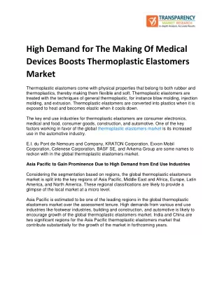 High Demand for The Making Of Medical Devices Boosts Thermoplastic Elastomers Market