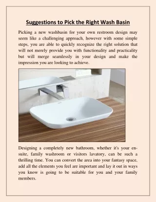 Suggestions To Pick the most appropriate Wash Basin