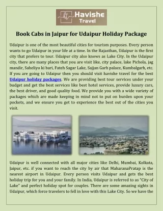 Book Cabs in Jaipur for Udaipur holiday package