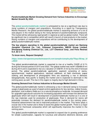 Paraformaldehyde Market Growing Demand from Various Industries to Encourage Market Growth By 2023