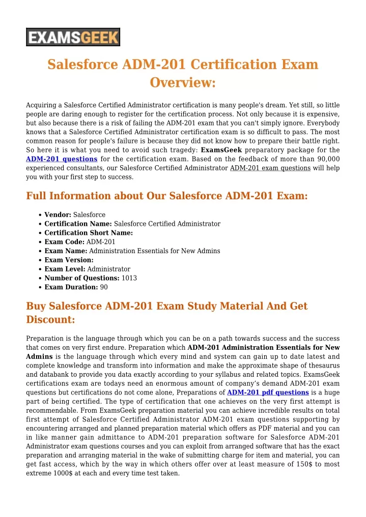 salesforce adm 201 certification exam overview