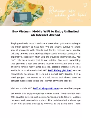 Buy Vietnam Mobile WiFi to Enjoy Unlimited 4G Internet Abroad