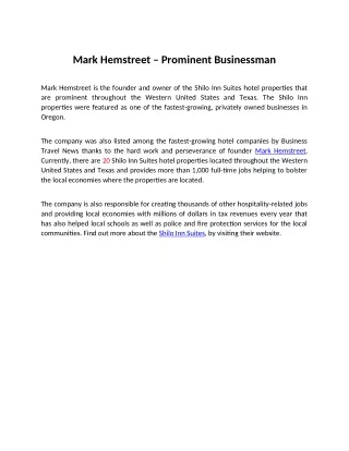 Mark Hemstreet - Prominent Businessman