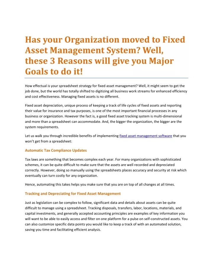 has your organization moved to fixed asset