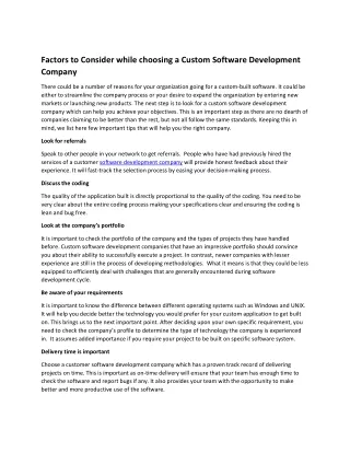 Factors to Consider while choosing a Custom Software Development Company