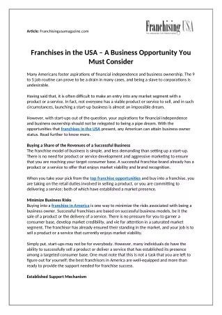 Franchises in the USA - A Business Opportunity You Must Consider