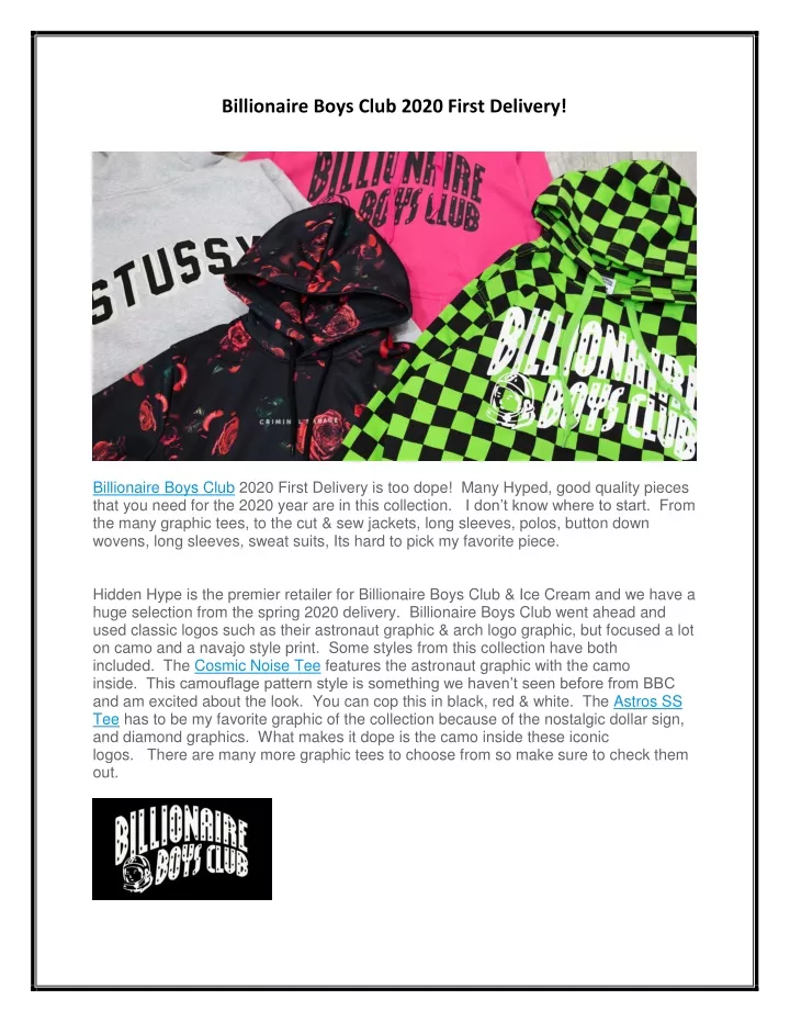 billionaire boys club 2020 first delivery