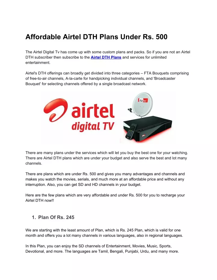affordable airtel dth plans under rs 500