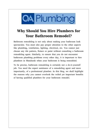 Why Should You Hire Plumbers for Your Bathroom Remodel?