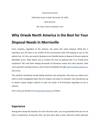 Why Orwak North America Is the Best for Your Disposal Needs In Morrisville