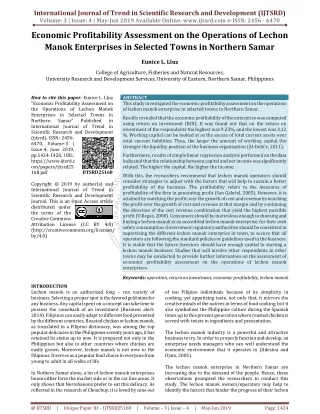 Economic Profitability Assessment on The Operations of Lechon Manok Enterprises in Selected Towns in Northern Samar