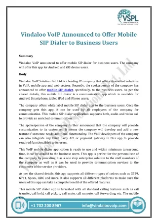 Vindaloo VoIP Announced to Offer Mobile SIP Dialer to Business Users