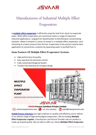 Manufacturers of Industrial Multiple Effect Evaporators