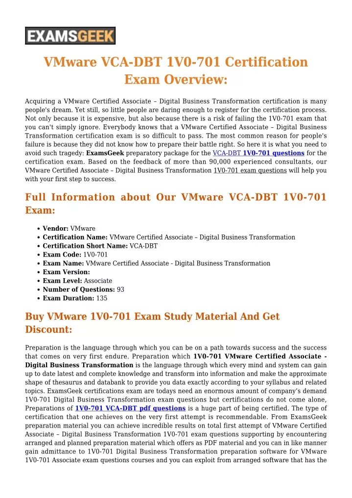vmware vca dbt 1v0 701 certification exam overview