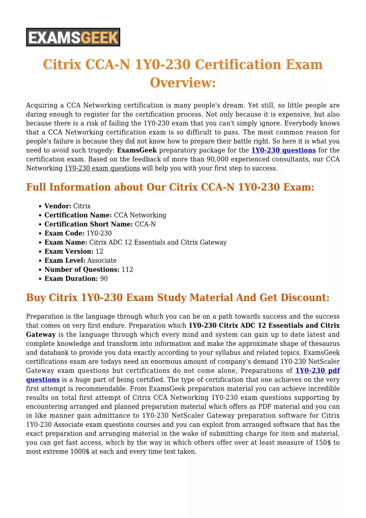 citrix cca n 1y0 230 certification exam overview