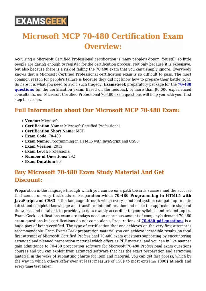 microsoft mcp 70 480 certification exam overview