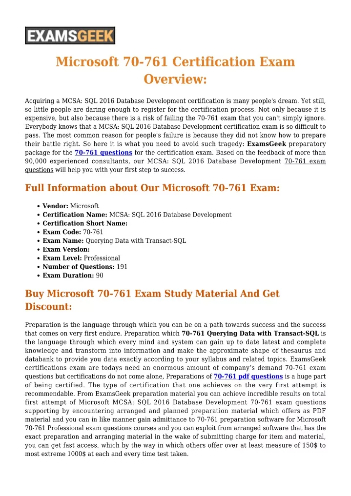microsoft 70 761 certification exam overview