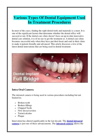 Various Types Of Dental Equipment Used In Treatment Procedures