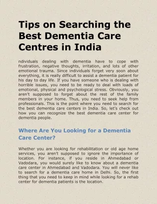 Tips on Searching the Best Dementia Care Centres in India