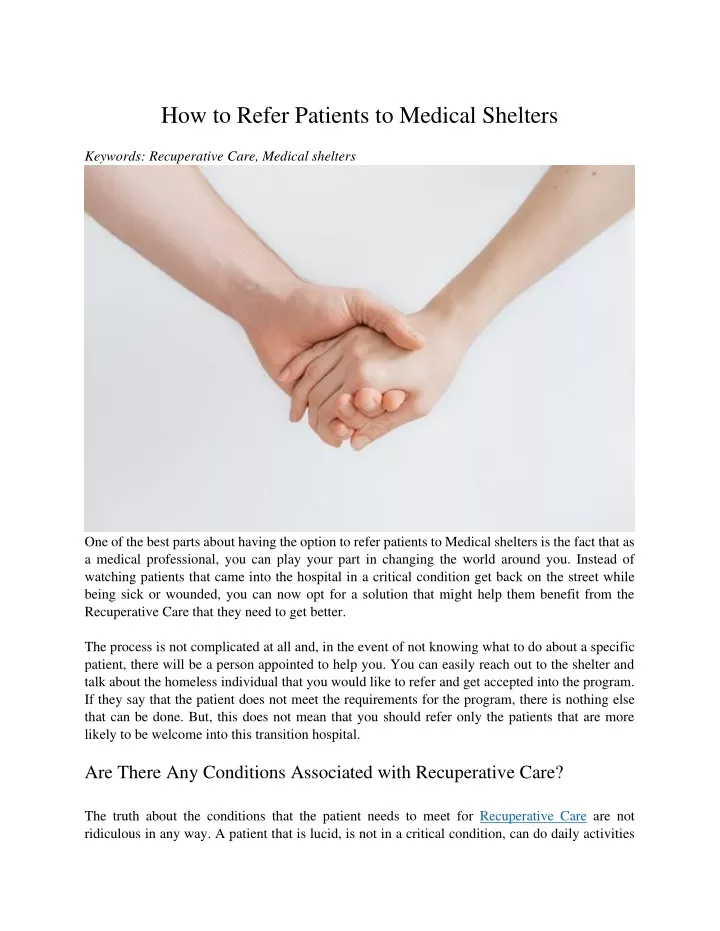 how to refer patients to medical shelters