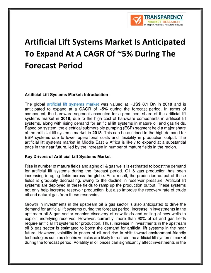 artificial lift systems market is anticipated