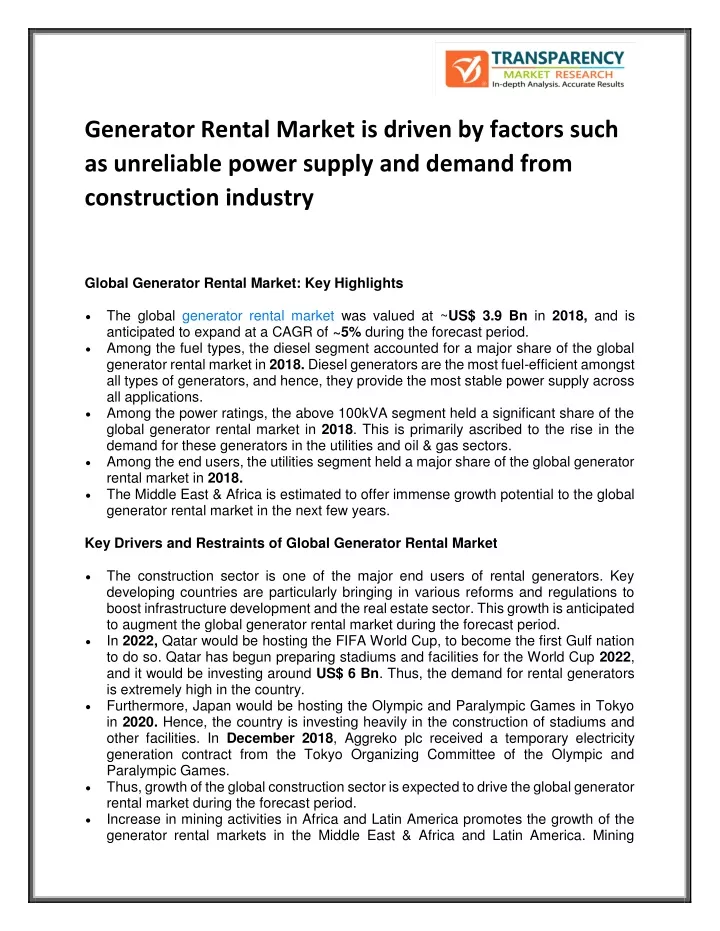 generator rental market is driven by factors such