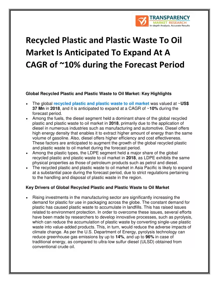 recycled plastic and plastic waste to oil market