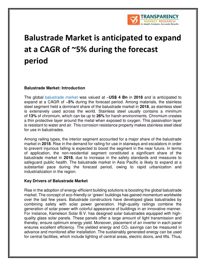 balustrade market is anticipated to expand
