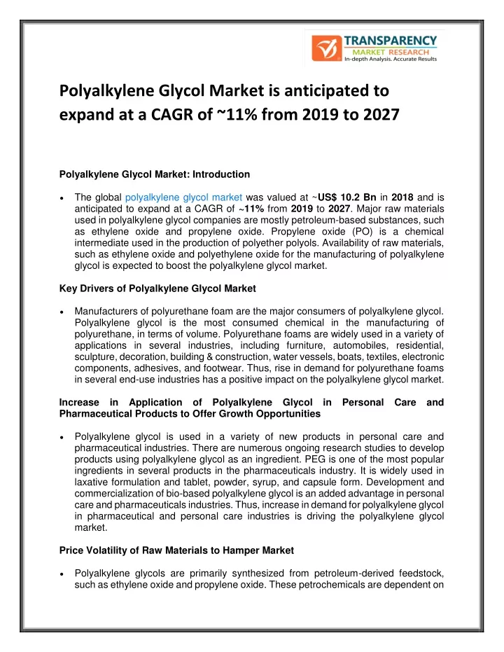 polyalkylene glycol market is anticipated