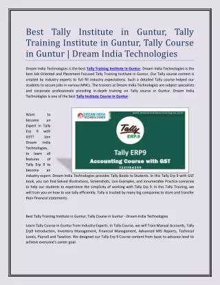 Best Tally Institute in Guntur, Tally Training  in Guntur | Tally Course in Guntur